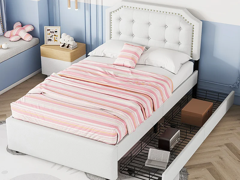 Cama estofada 90 x 200 cm, Forro em linho com rebites decorativos, 2 gavetas e base de ripas, Bege claro