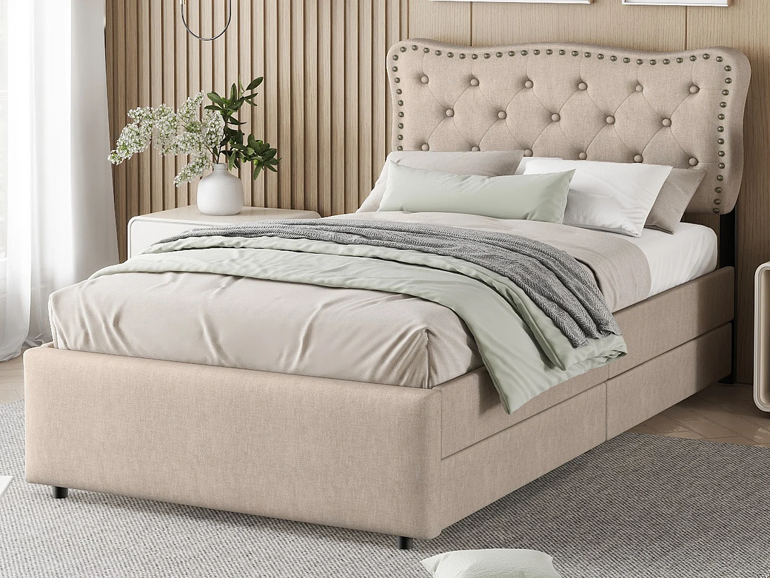 Cama estofada 90 x 200 cm com 2 gavetas, Forro em linho com rebites decorativos, bege escuro