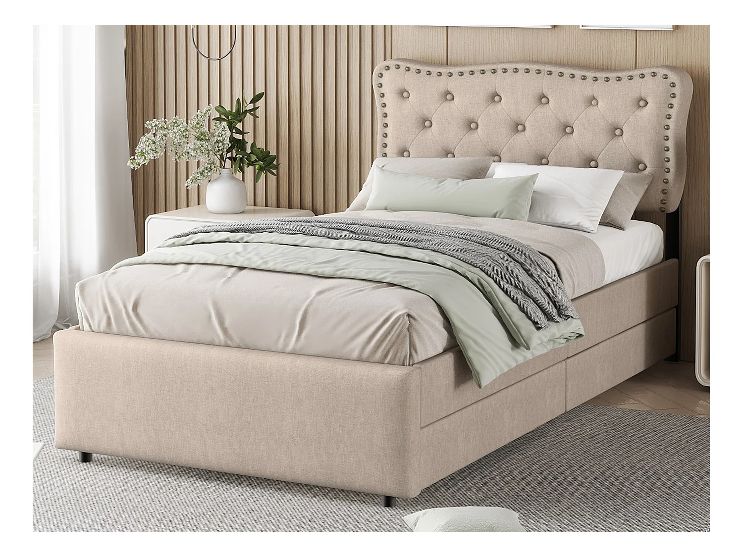 Polsterbett 90 x 200 cm mit 2 Schubladen, Leinenbezug mit Ziernieten, dunkelbeige