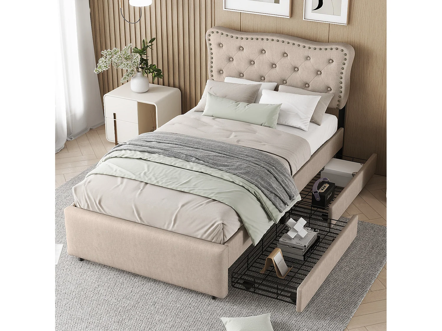 Polsterbett 90 x 200 cm mit 2 Schubladen, Leinenbezug mit Ziernieten, dunkelbeige