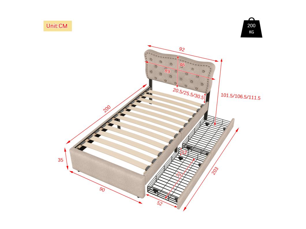 Gestoffeerd bed 90 x 200 cm met 2 laden, linnen bekleding met decoratieve klinknagels, donkerbeige