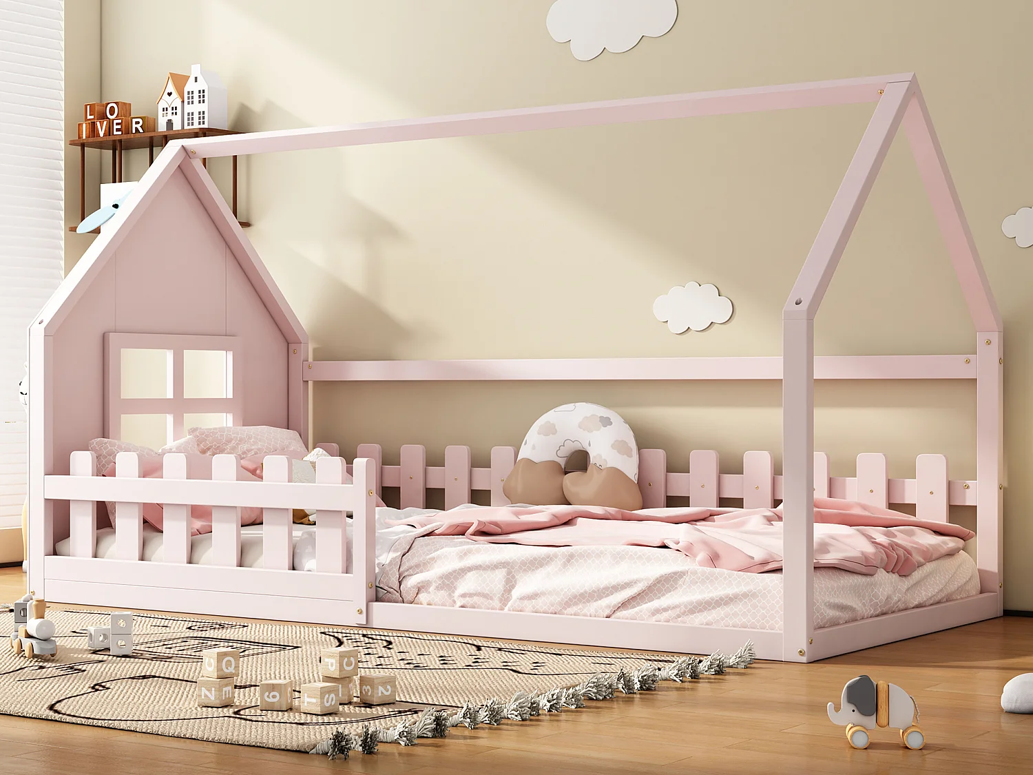 Hochbett 90 x 200 cm, Kinderbett mit Fenster, Kiefernholz, Lattenrost, Rosa