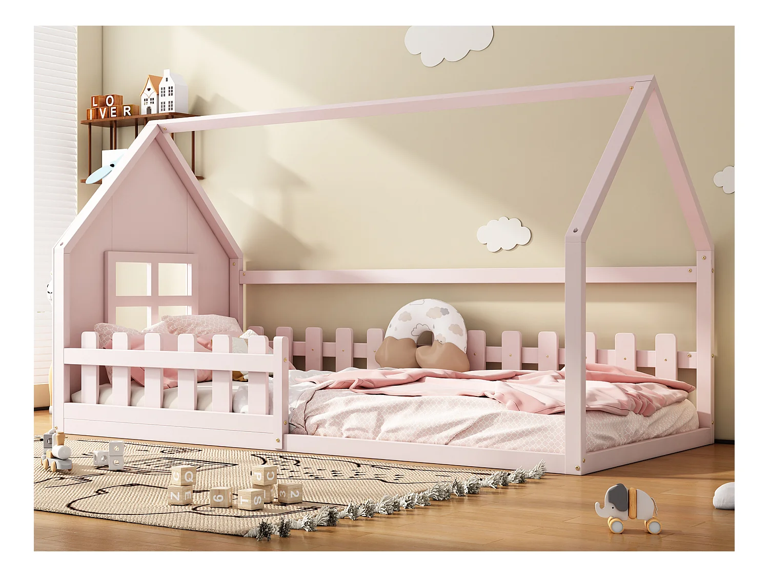 Lit cabane 90 x 200 cm, lit enfant avec fenêtre, Bois en pin, Sommier à lattes, Rose