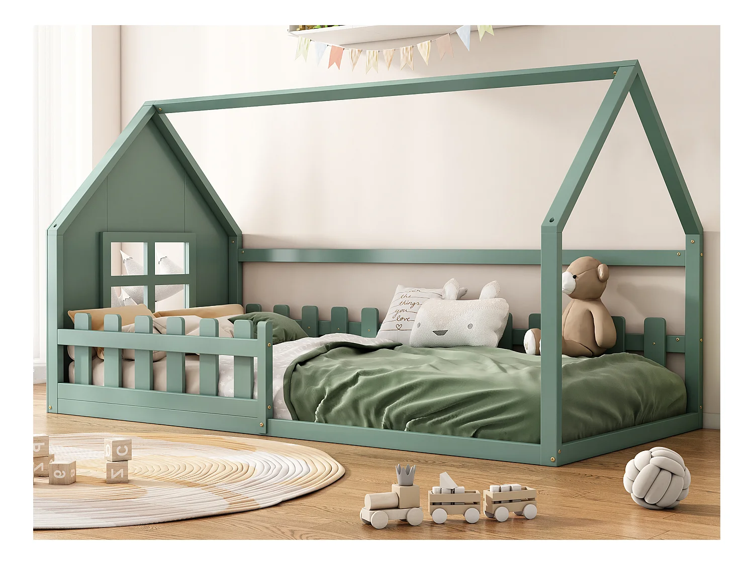 Cabinebed 90 x 200 cm, kinderbed met raam, grenenhout, lattenbodem, Groen