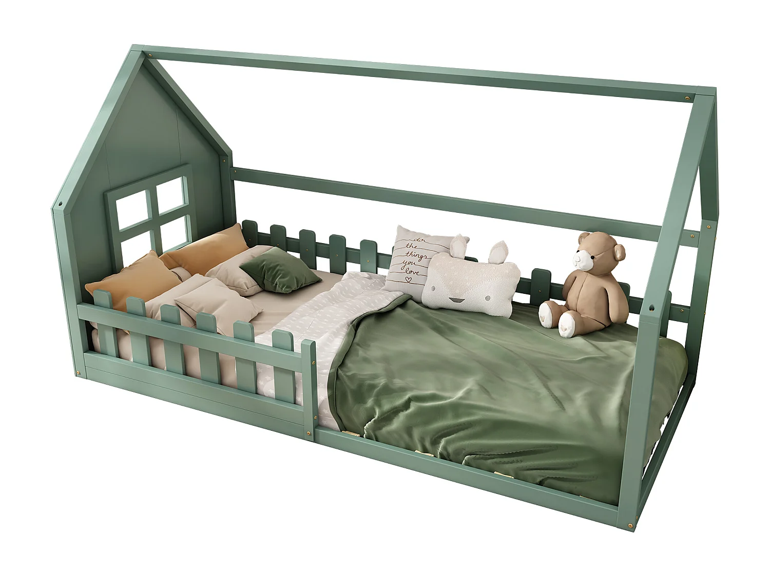 Lit cabane 90 x 200 cm, lit enfant avec fenêtre, Bois en pin, Sommier à lattes, Vert