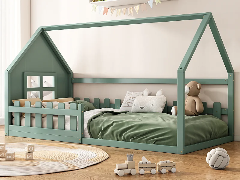 Cabinebed 90 x 200 cm, kinderbed met raam, grenenhout, lattenbodem, Groen