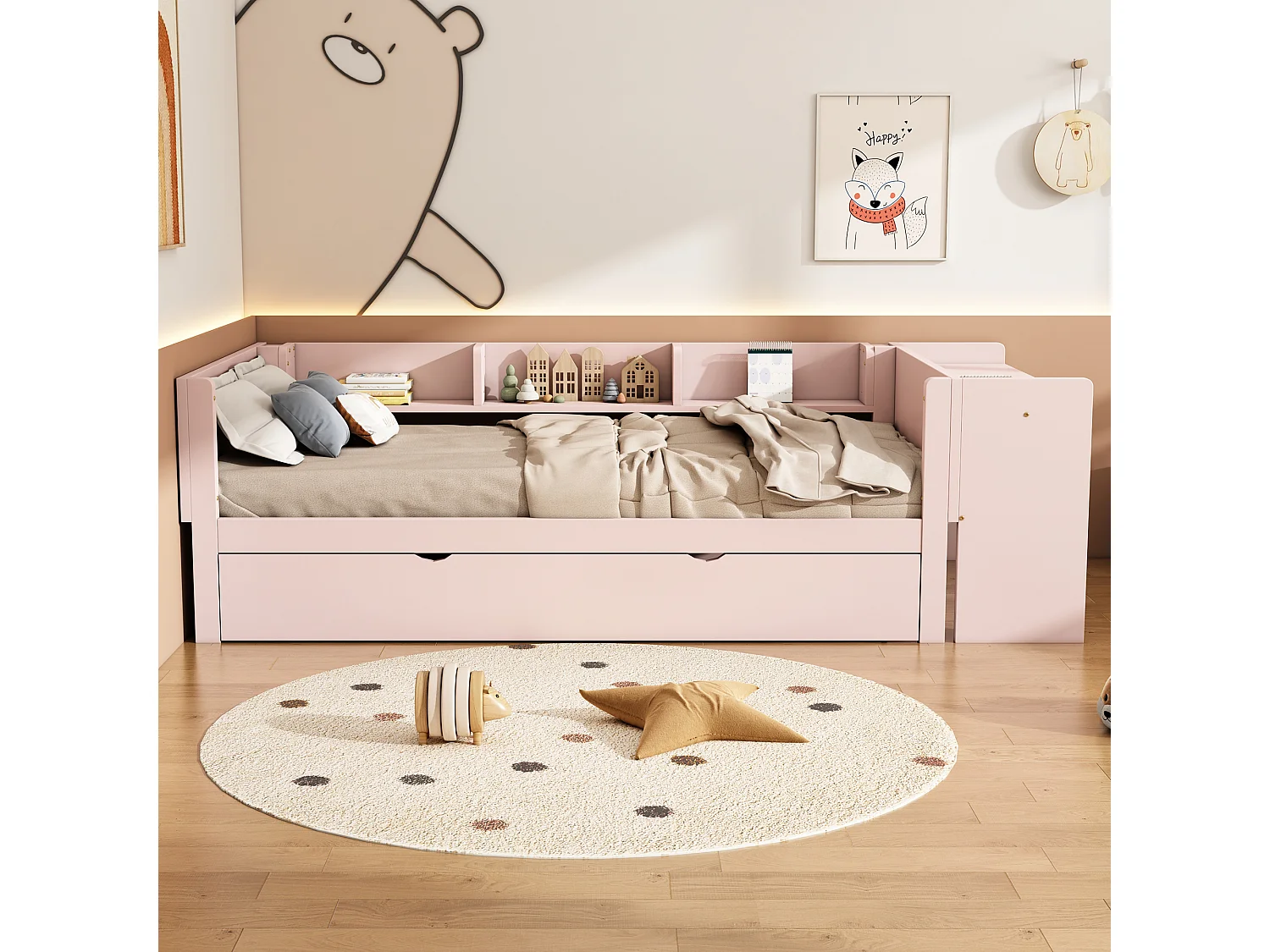 Ausziehbett 90 x 200 cm + 90 x 180 cm mit Schreibtisch und 3 Regalen – massives Kiefernholz – Lattenrost – rosa