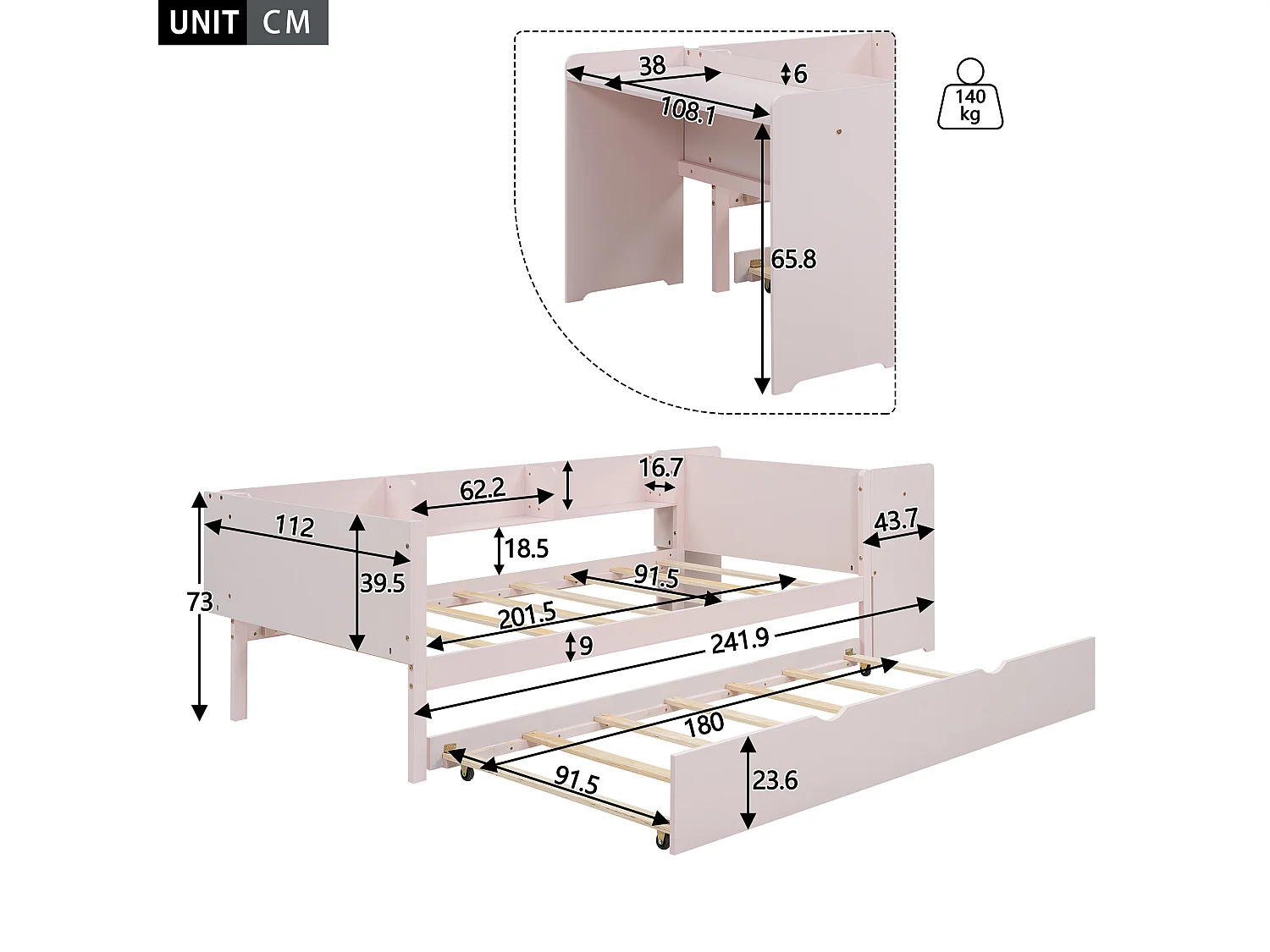 Ausziehbett 90 x 200 cm + 90 x 180 cm mit Schreibtisch und 3 Regalen – massives Kiefernholz – Lattenrost – rosa