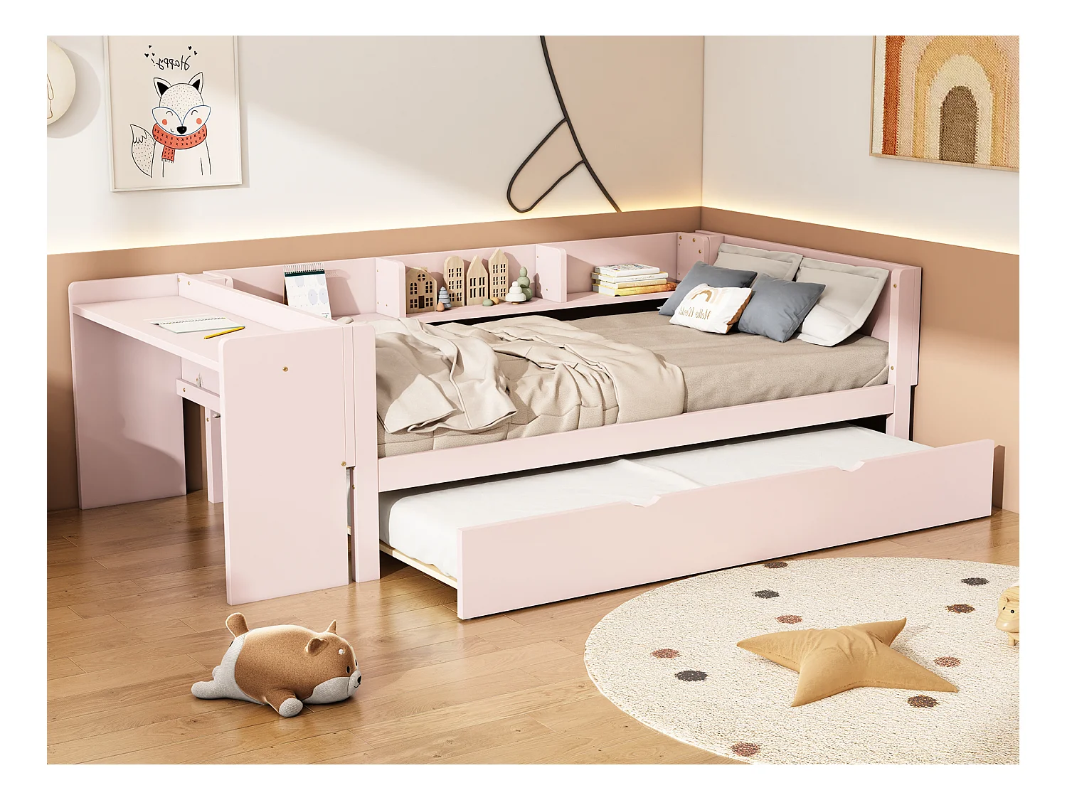 Lit gigogne 90 x 200 cm + 90 x 180 cm avec bureau et 3 étagères - bois massif de pin - sommier à lattes - rose