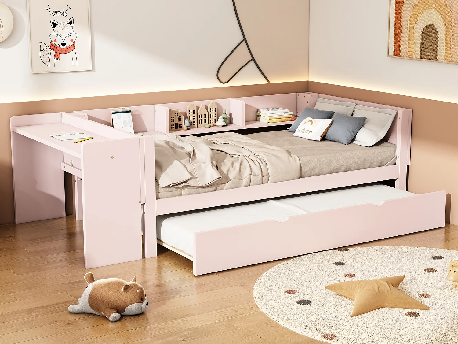 Lit gigogne 90 x 200 cm + 90 x 180 cm avec bureau et 3 étagères - bois massif de pin - sommier à lattes - rose