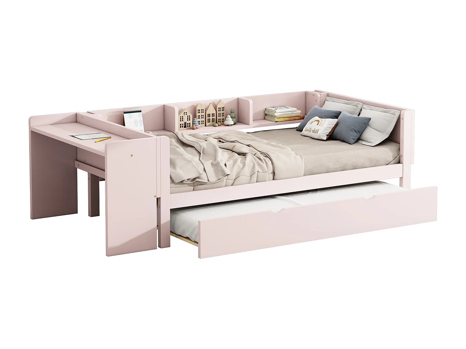 Lit gigogne 90 x 200 cm + 90 x 180 cm avec bureau et 3 étagères - bois massif de pin - sommier à lattes - rose