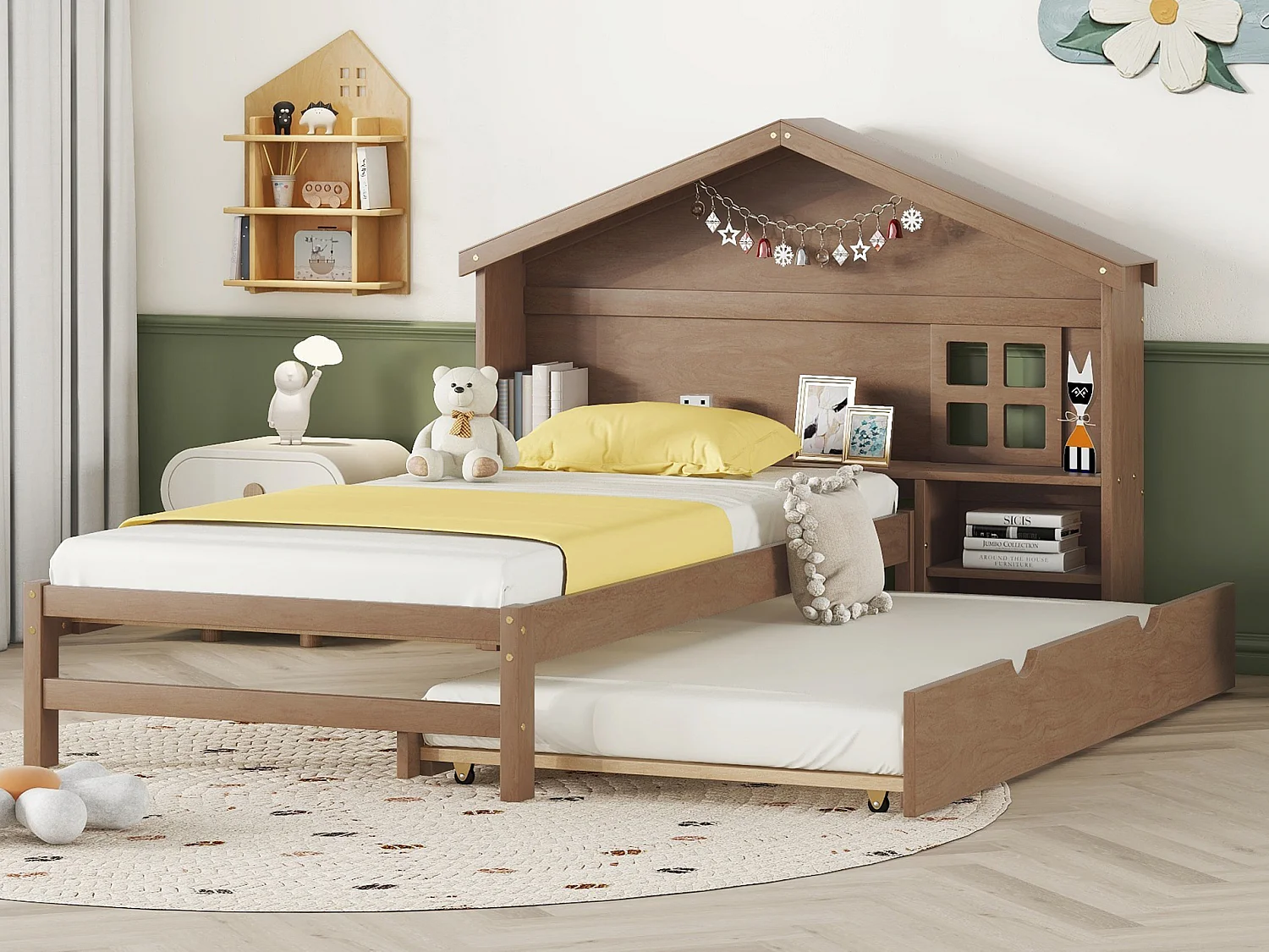 Lit gigogne 90 x 200 cm avec chevet et petit fenêtre - tête de lit en forme de maison -  bois massif - marron