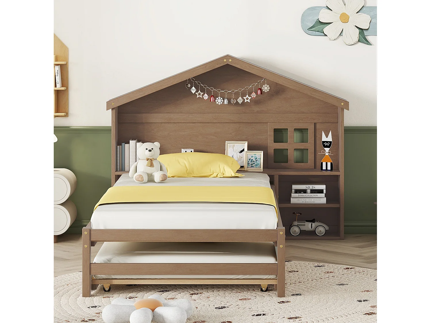 Lit gigogne 90 x 200 cm avec chevet et petit fenêtre - tête de lit en forme de maison -  bois massif - marron