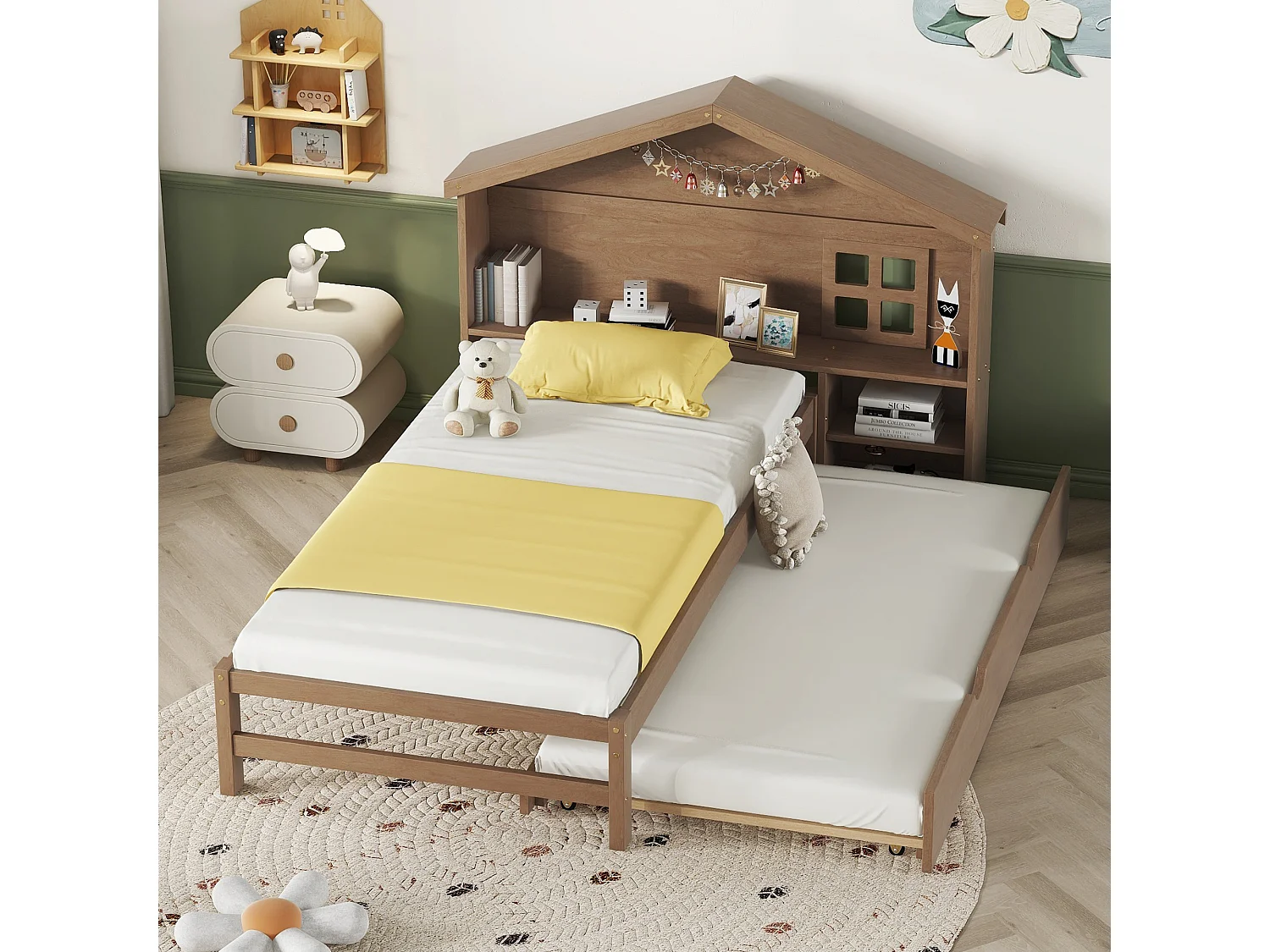 Lit gigogne 90 x 200 cm avec chevet et petit fenêtre - tête de lit en forme de maison -  bois massif - marron