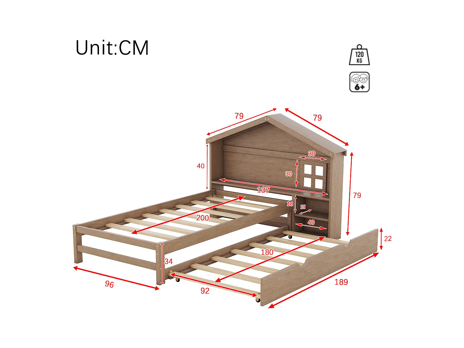 Lit gigogne 90 x 200 cm avec chevet et petit fenêtre - tête de lit en forme de maison -  bois massif - marron