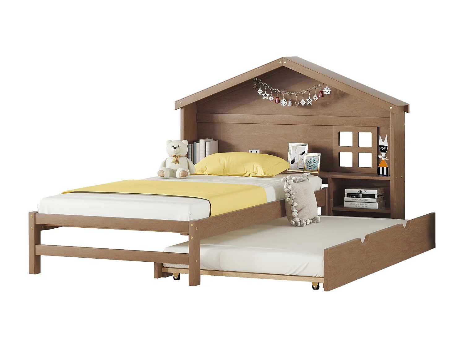 Lit gigogne 90 x 200 cm avec chevet et petit fenêtre - tête de lit en forme de maison -  bois massif - marron