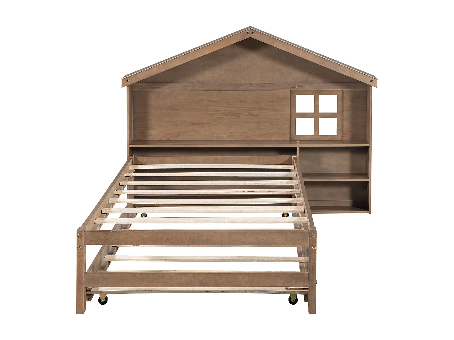 Lit gigogne 90 x 200 cm avec chevet et petit fenêtre - tête de lit en forme de maison -  bois massif - marron