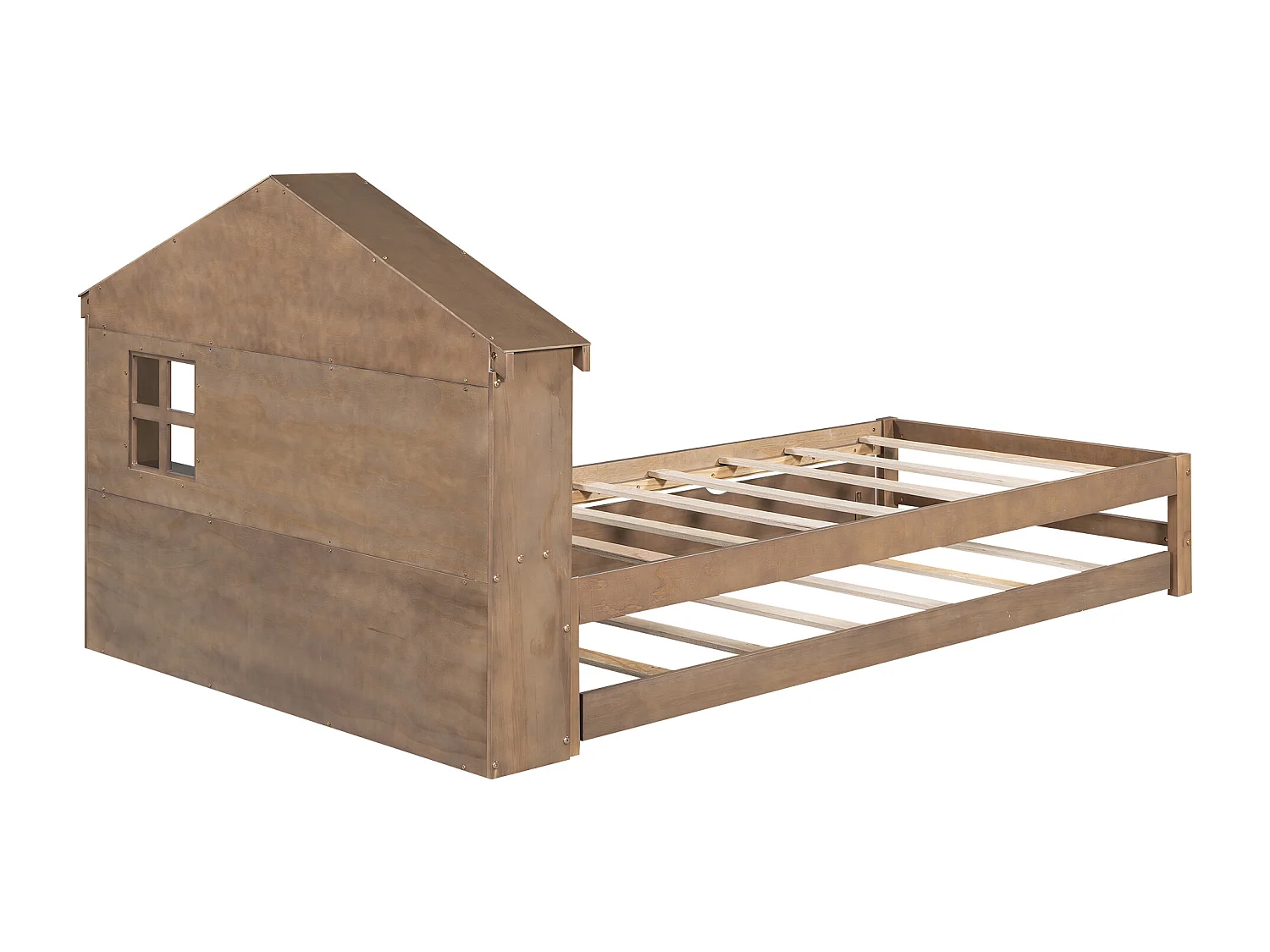 Lit gigogne 90 x 200 cm avec chevet et petit fenêtre - tête de lit en forme de maison -  bois massif - marron