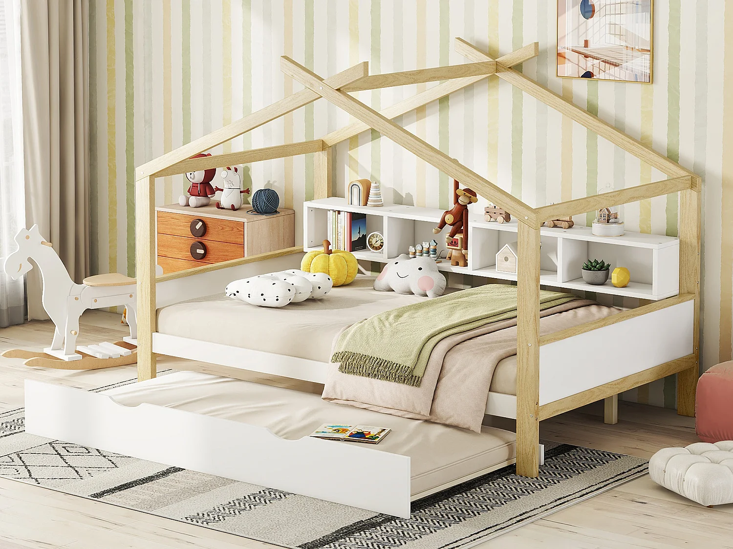 Cama cabine 140 x 200 cm com bicama 90 x 180 cm - 4 nichos - Madeira de pinho - branca