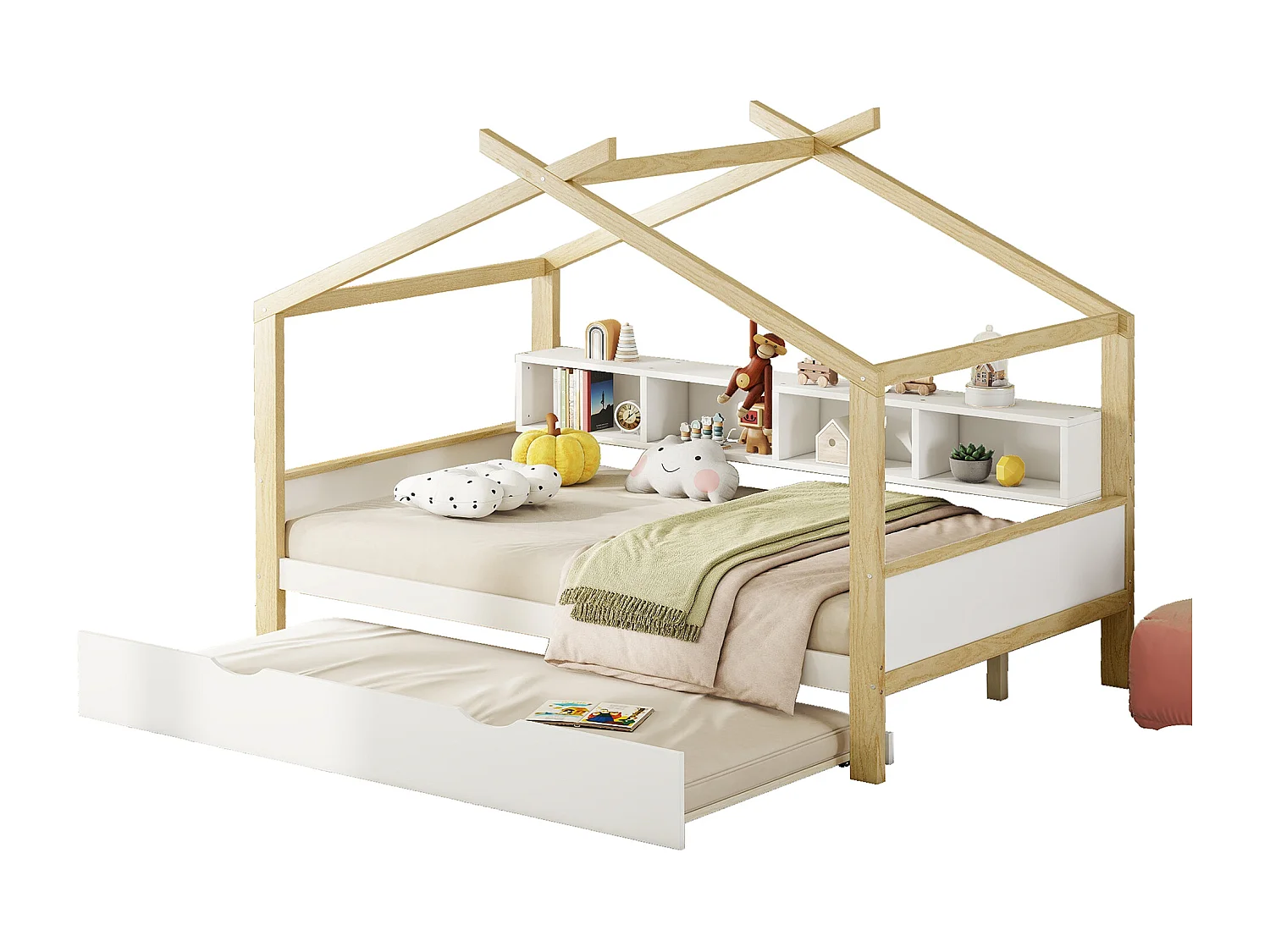 Cama cabine 140 x 200 cm com bicama 90 x 180 cm - 4 nichos - Madeira de pinho - branca