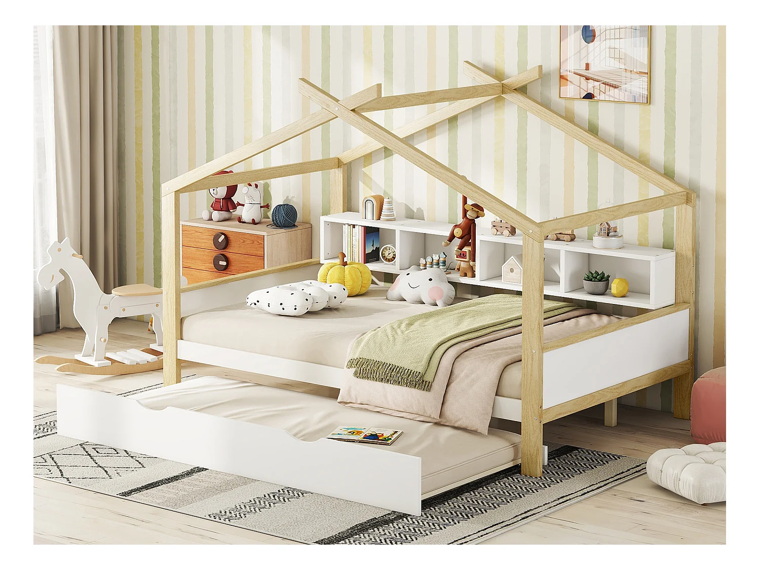 Lit cabane 140 x 200 cm avec lit gigogne 90 x 180 cm -  4 niches - Bois de pin - blanc