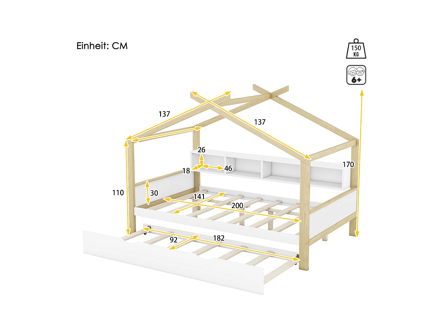 Hochbett 140 x 200 cm mit Ausziehbett 90 x 180 cm – 4 Nischen – Kiefernholz – weiß