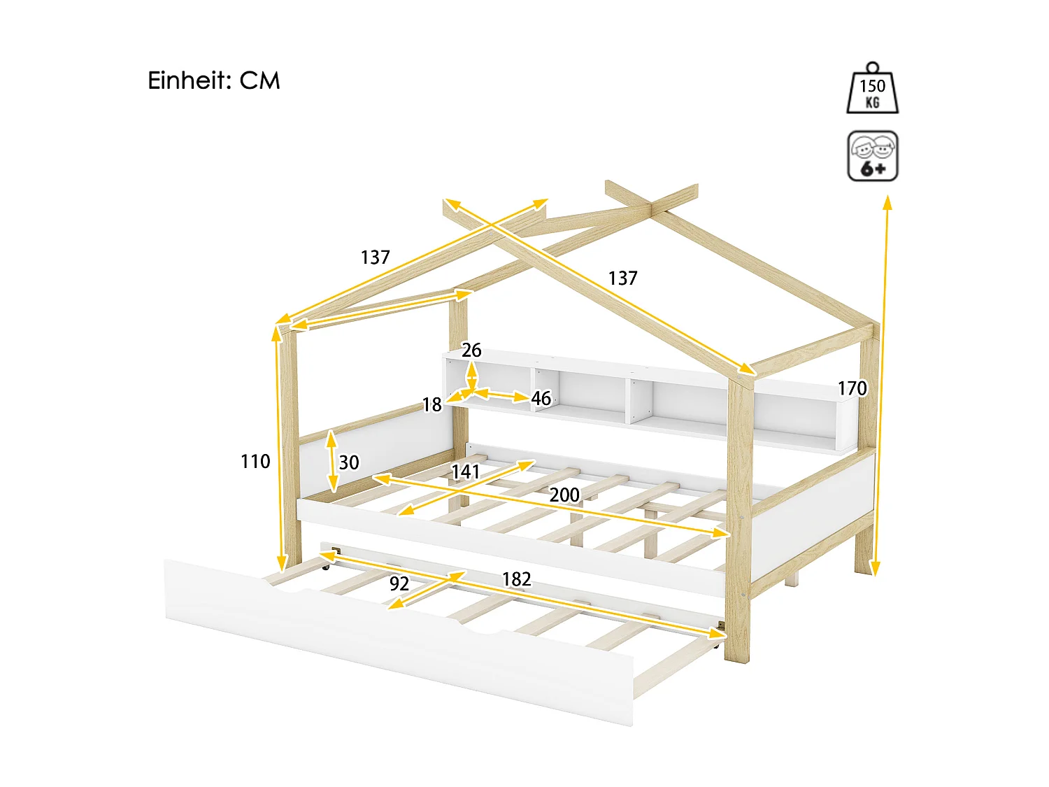Lit cabane 140 x 200 cm avec lit gigogne 90 x 180 cm -  4 niches - Bois de pin - blanc