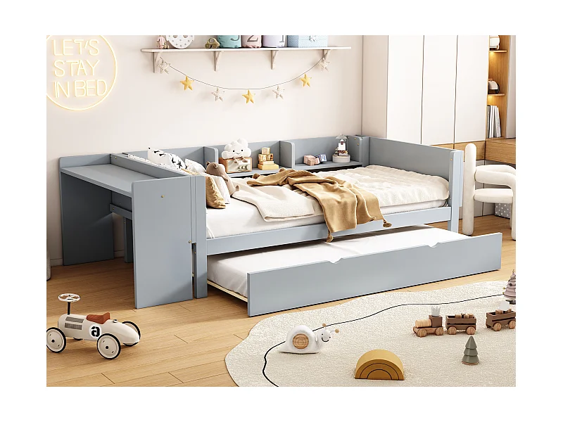 Ausziehbett 90 x 200 cm + 90 x 180 cm mit Schreibtisch und 3 Regalen – massives Kiefernholz – Lattenrost – Grau