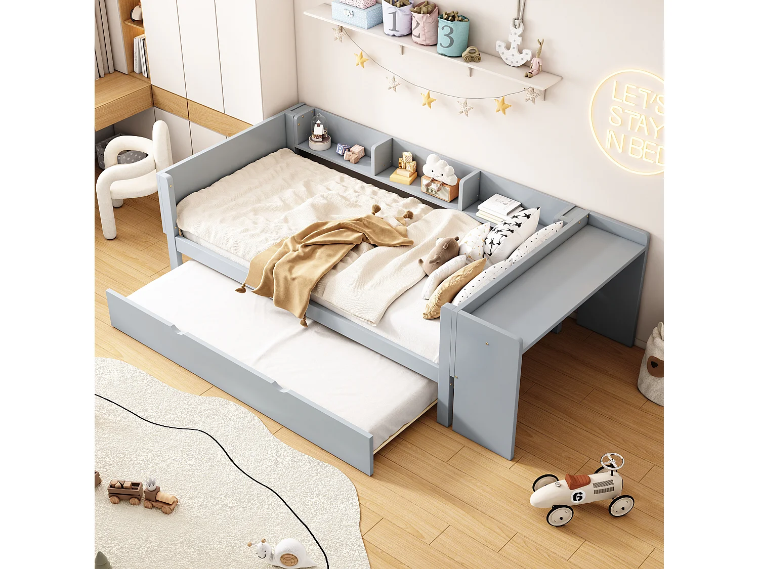 Cama de rodízio 90 x 200 cm + 90 x 180 cm com mesa e 3 prateleiras - madeira maciça de pinho - base de ripas - cinza