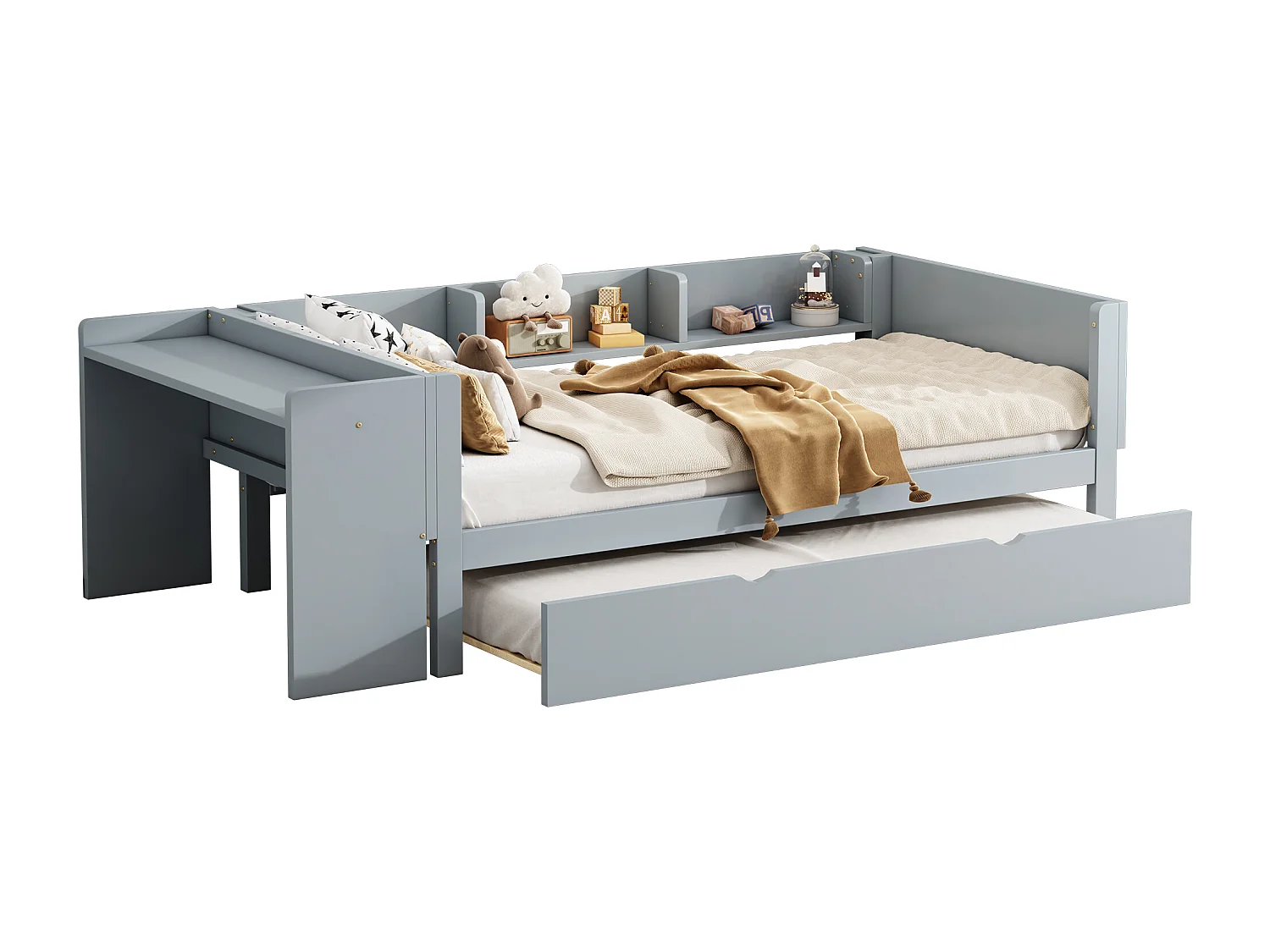 Cama de rodízio 90 x 200 cm + 90 x 180 cm com mesa e 3 prateleiras - madeira maciça de pinho - base de ripas - cinza