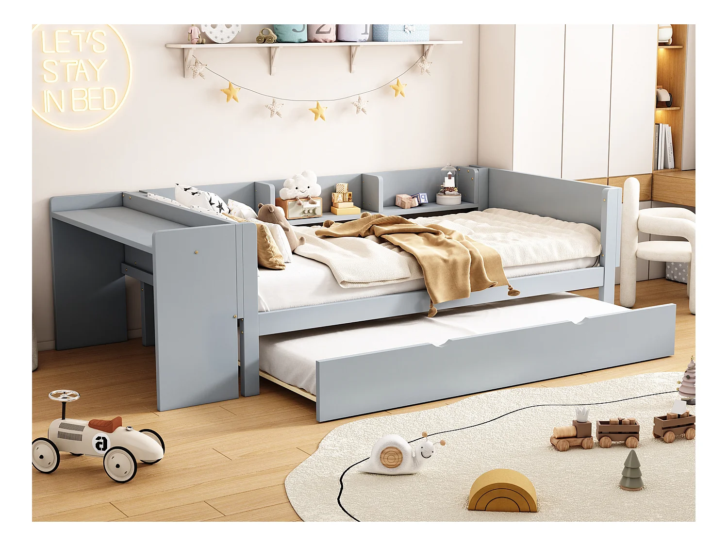 Lit gigogne 90 x 200 cm + 90 x 180 cm avec bureau et 3 étagères - bois massif de pin - sommier à lattes - gris