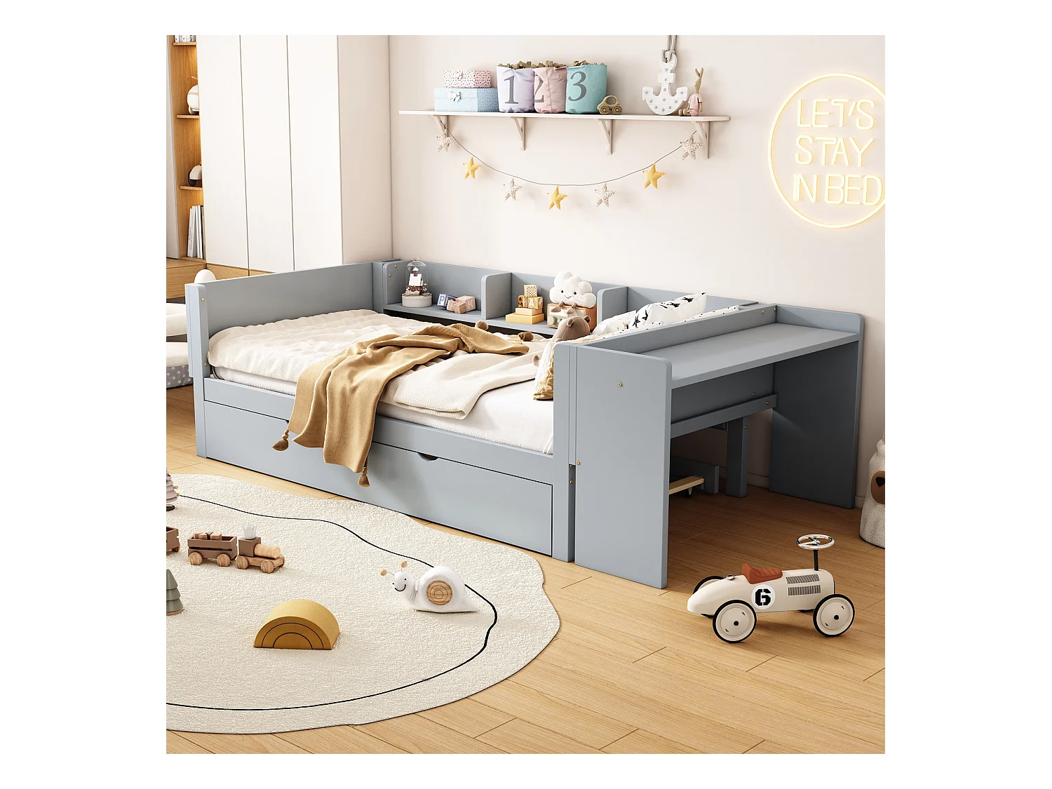 Cama nido 90 x 200 cm + 90 x 180 cm con escritorio y 3 estantes - madera de pino maciza - somier de láminas - gris