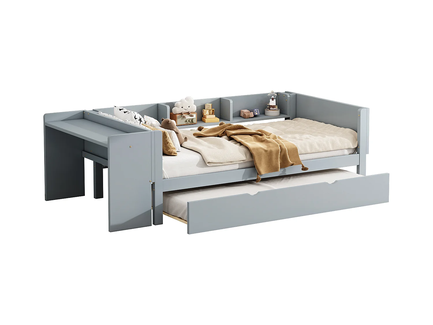 Cama nido 90 x 200 cm + 90 x 180 cm con escritorio y 3 estantes - madera de pino maciza - somier de láminas - gris