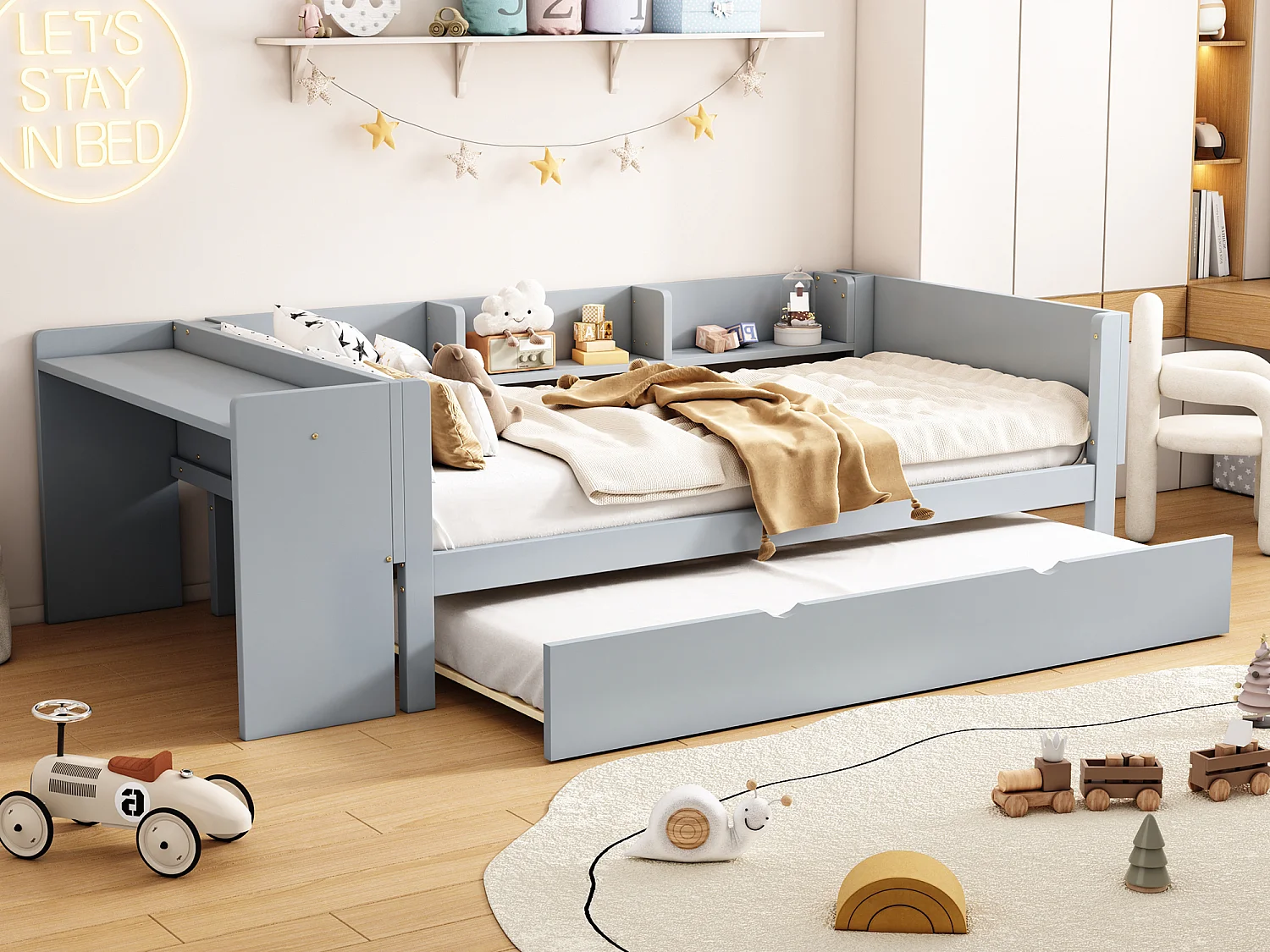 Onderschuifbed 90 x 200 cm + 90 x 180 cm met bureau en 3 planken - massief grenenhout - lattenbodem - grijs