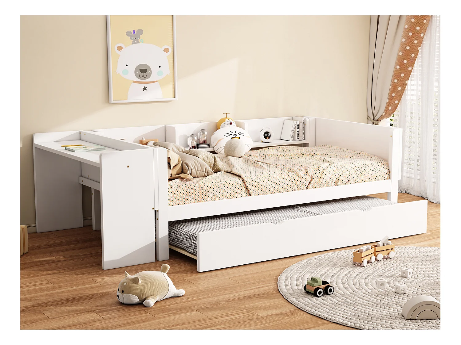 Lit gigogne 90 x 200 cm + 90 x 180 cm avec bureau et 3 étagères - bois massif de pin - sommier à lattes - blanc