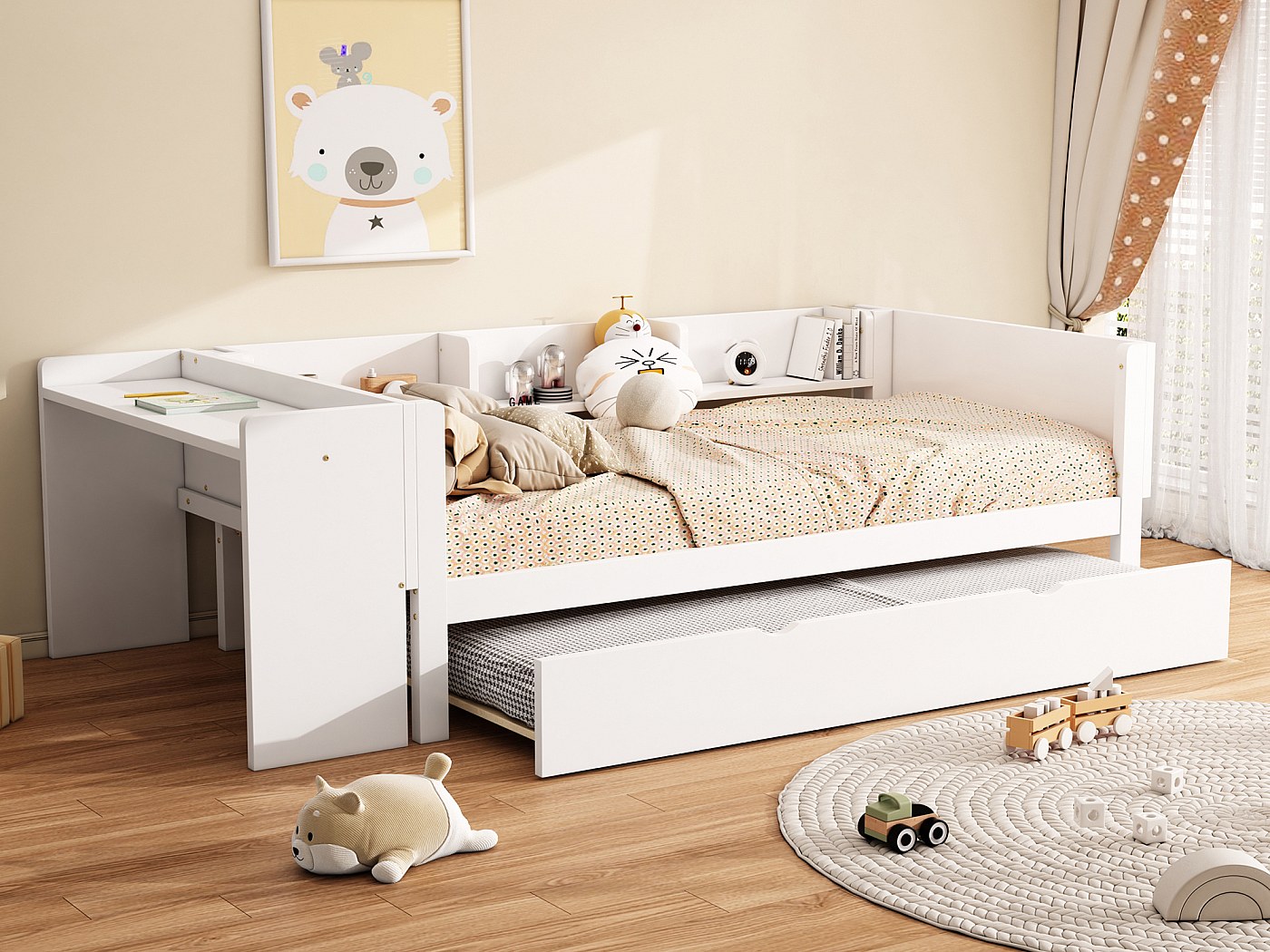 Letto singolo 90x190 cm in legno bianco e naturale con letto estraibile reversibile - Dinasty