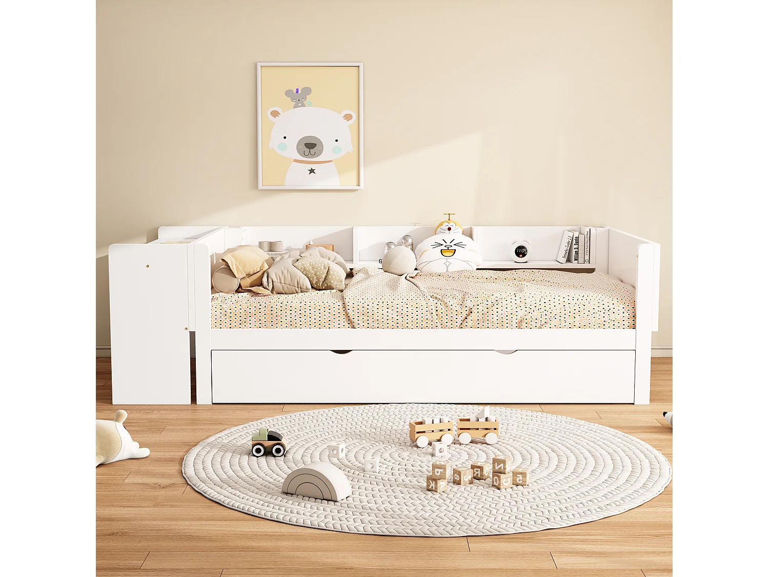 Lit gigogne 90 x 200 cm + 90 x 180 cm avec bureau et 3 étagères - bois massif de pin - sommier à lattes - blanc