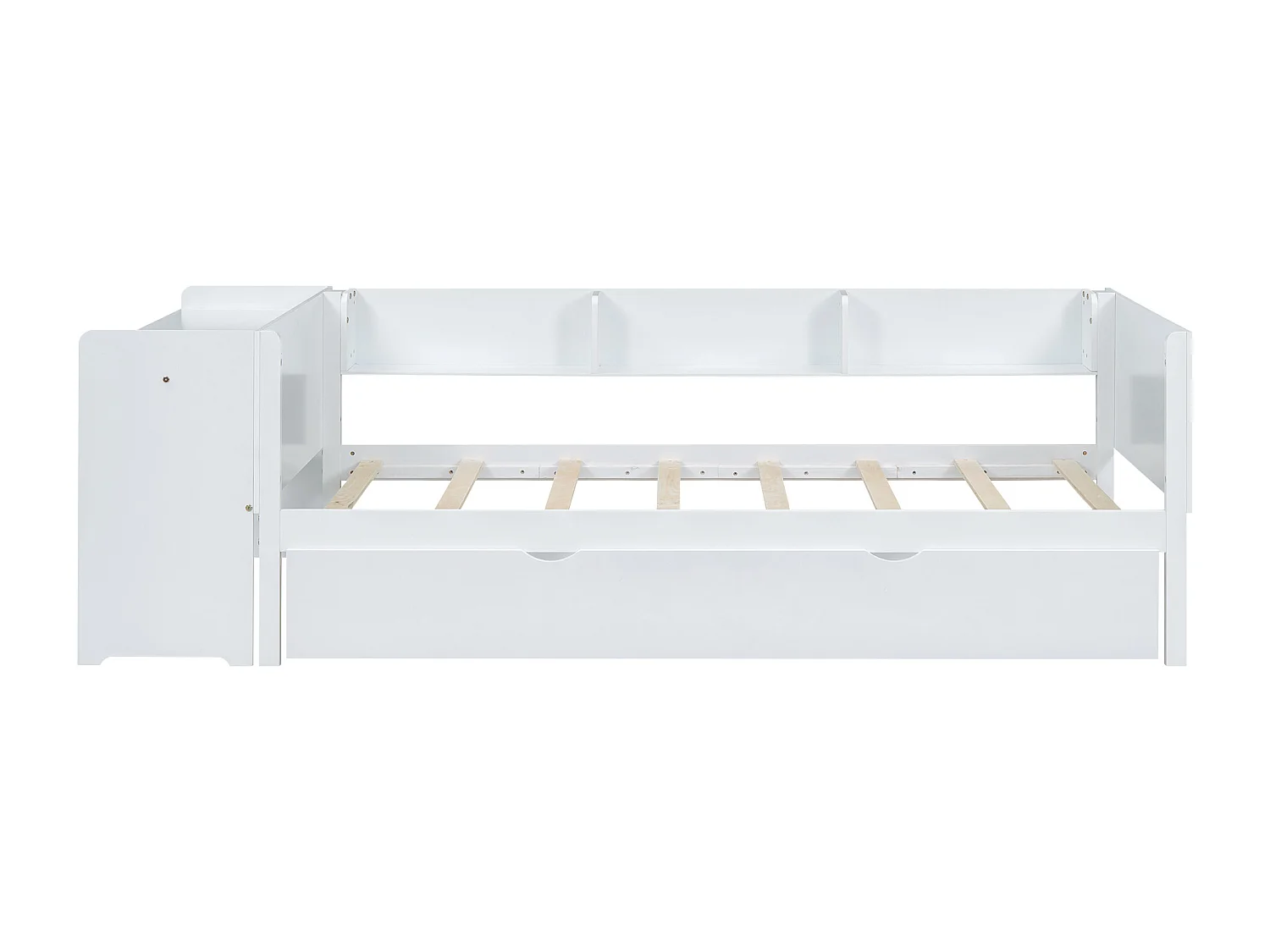 Lit gigogne 90 x 200 cm + 90 x 180 cm avec bureau et 3 étagères - bois massif de pin - sommier à lattes - blanc