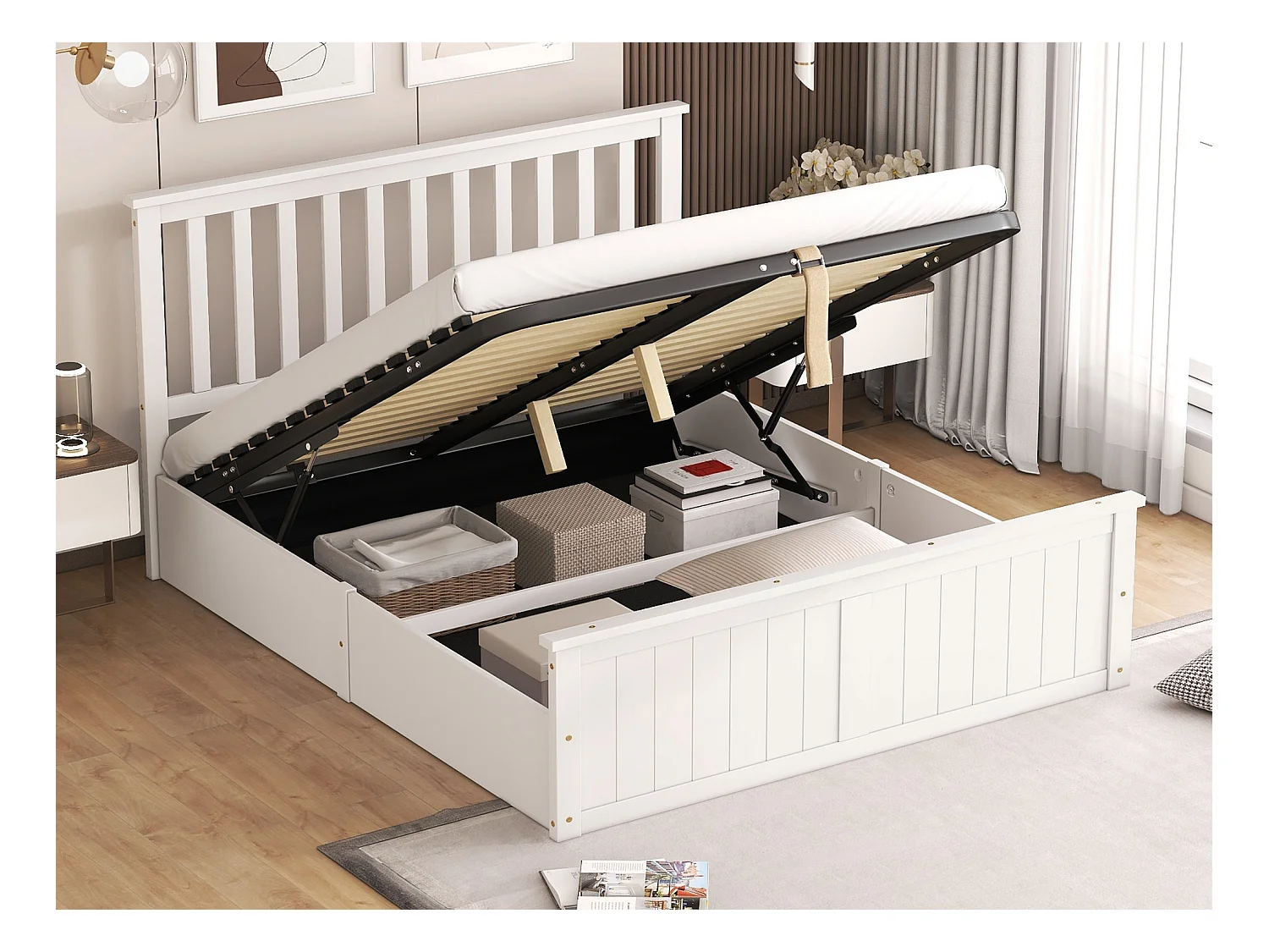 Houten opbergbed 140 x 200 cm met hoofdeinde - Lattenbodem en opberger - Wit