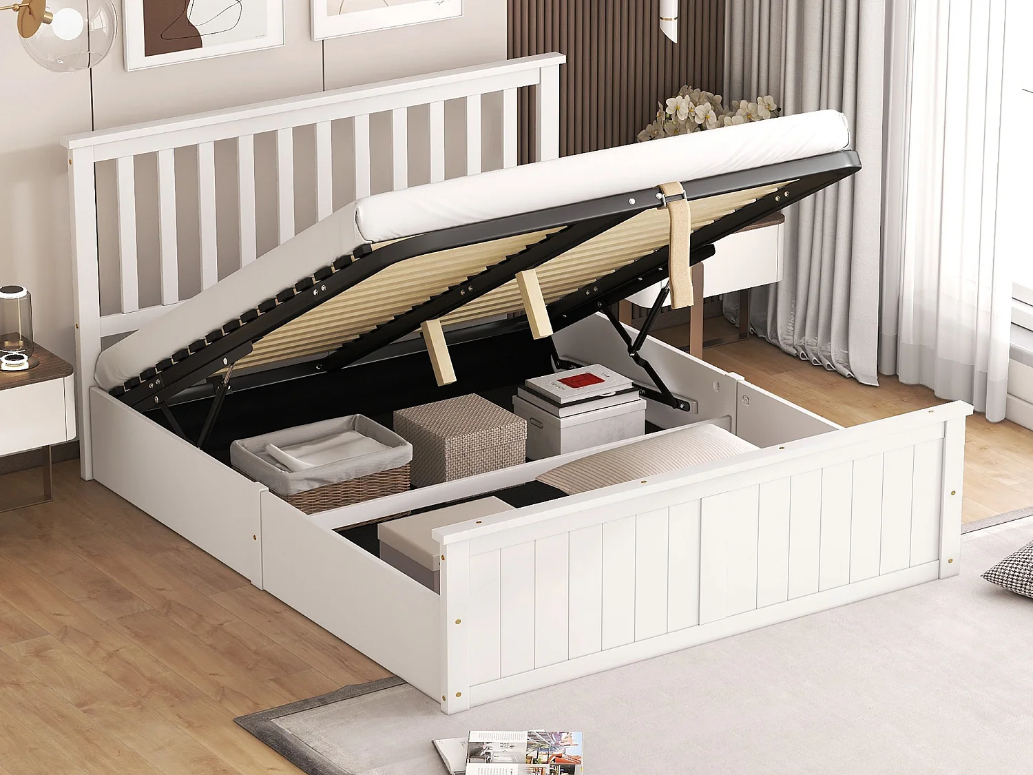 Holzbett mit Stauraum 140 x 200 cm mit Kopfteil – Lattenrost und Stauraum – Weiß