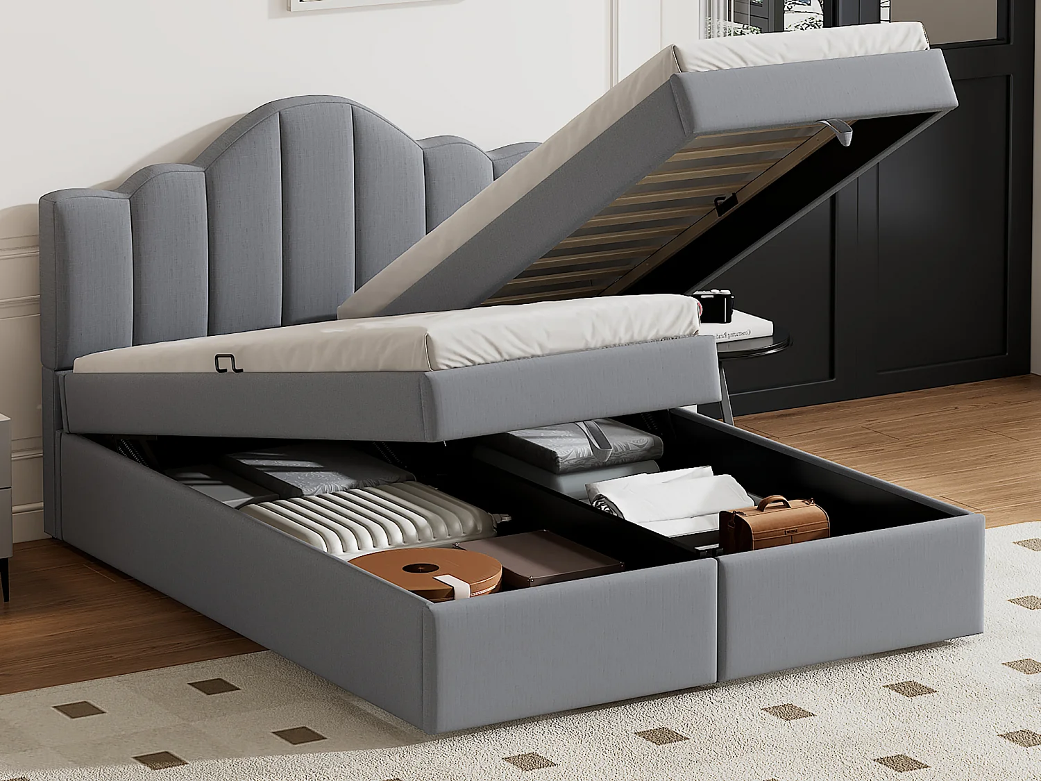 Lit coffre 140 x 200 cm avec tête de lit et 2 coffre de rangements - Tissu lin - Sommier à lattes - Gris