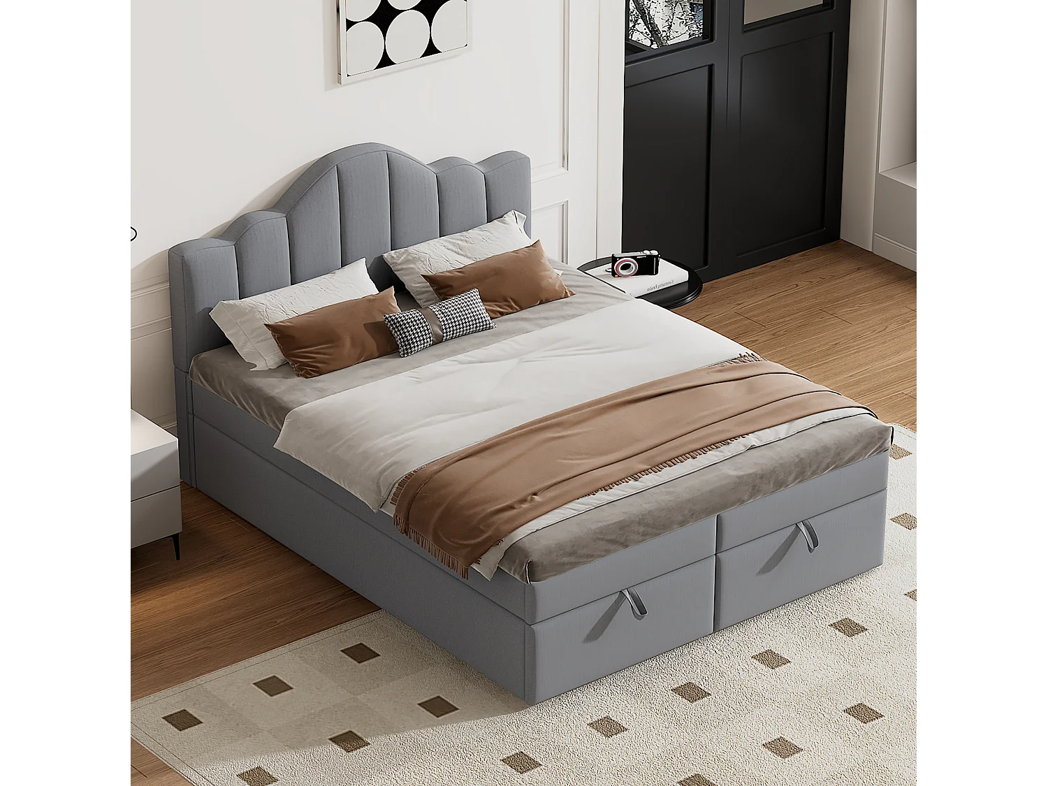 Lit coffre 140 x 200 cm avec tête de lit et 2 coffre de rangements - Tissu lin - Sommier à lattes - Gris