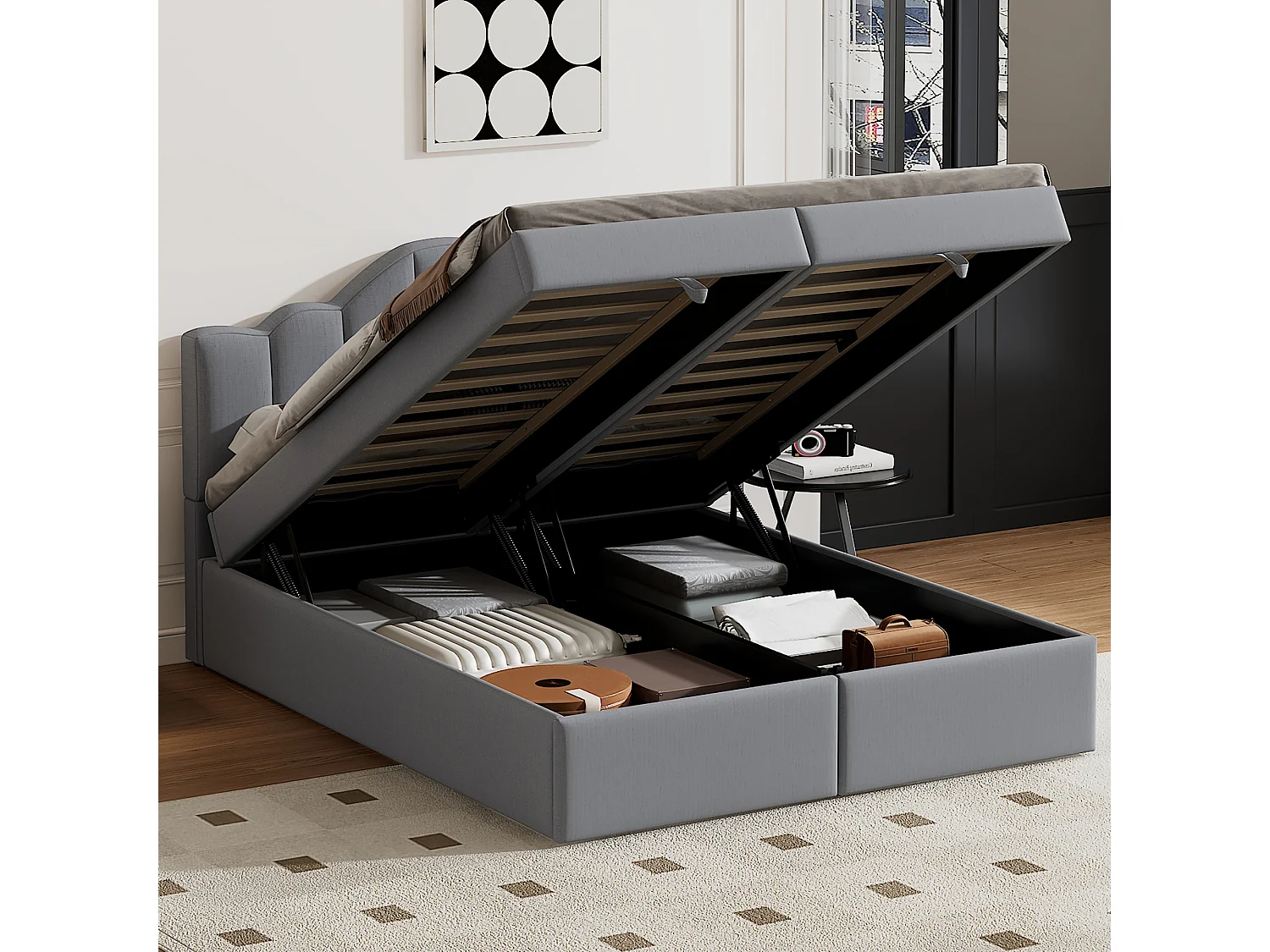 Lit coffre 140 x 200 cm avec tête de lit et 2 coffre de rangements - Tissu lin - Sommier à lattes - Gris