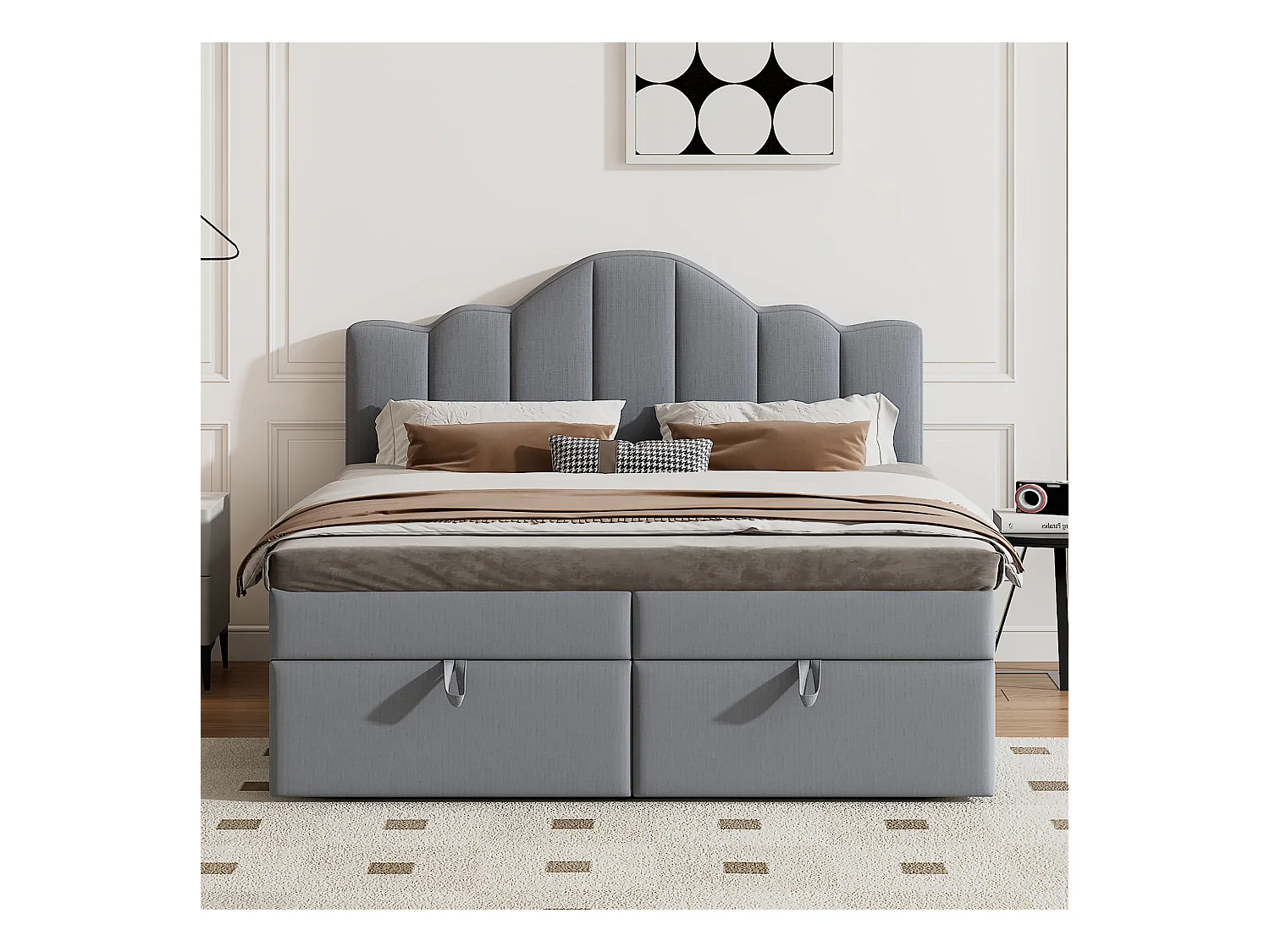 Lit coffre 140 x 200 cm avec tête de lit et 2 coffre de rangements - Tissu lin - Sommier à lattes - Gris