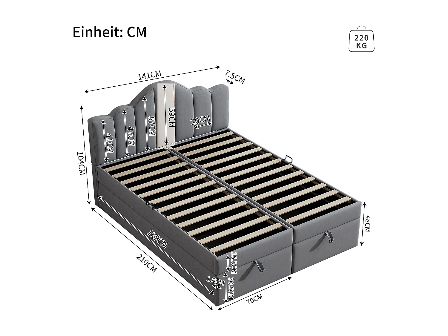 Lit coffre 140 x 200 cm avec tête de lit et 2 coffre de rangements - Tissu lin - Sommier à lattes - Gris
