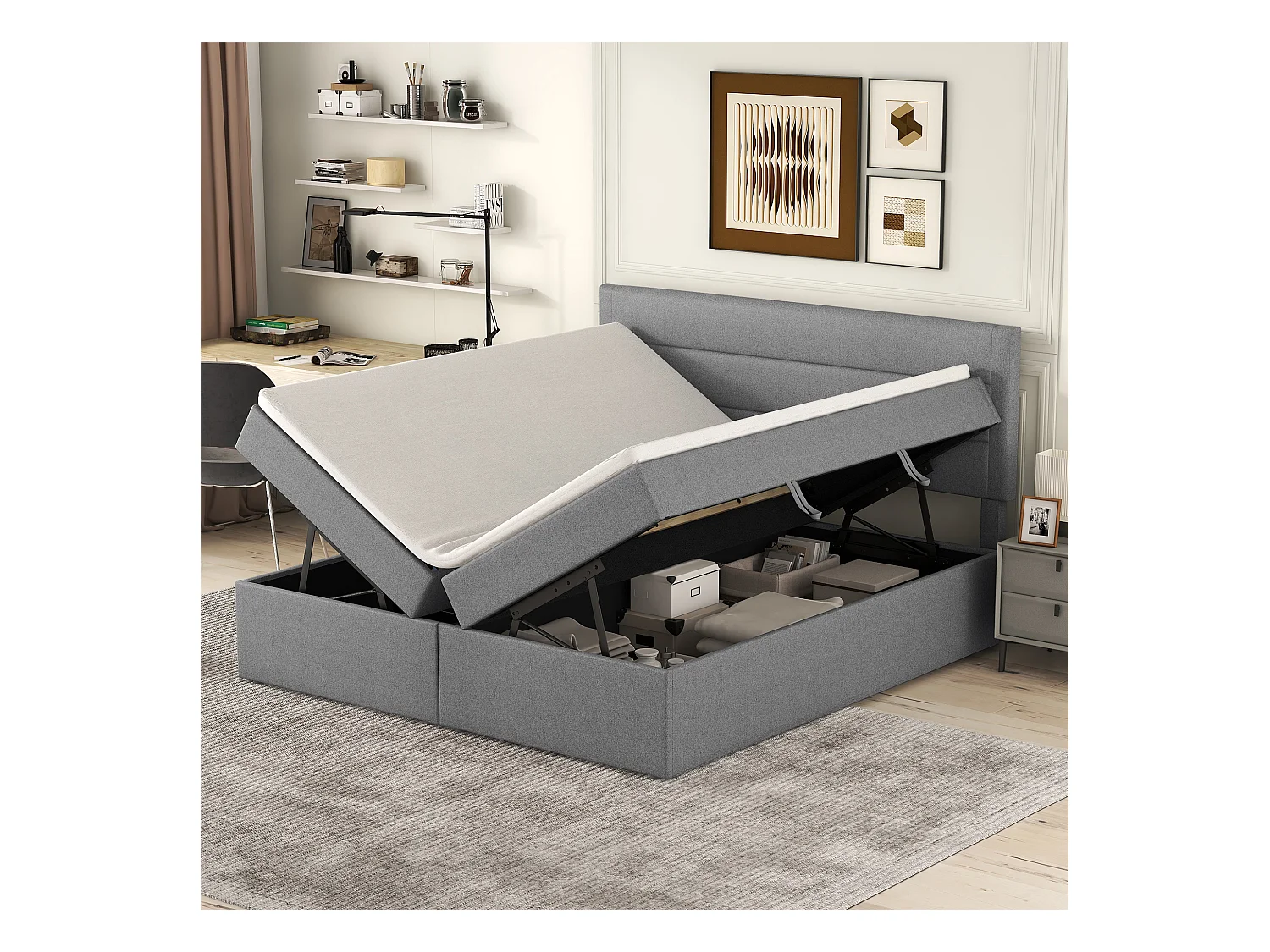 Lit coffre 140 x 200 cm avec tête de lit - Ouvrant des deux côtés - Tissu lin - Beige