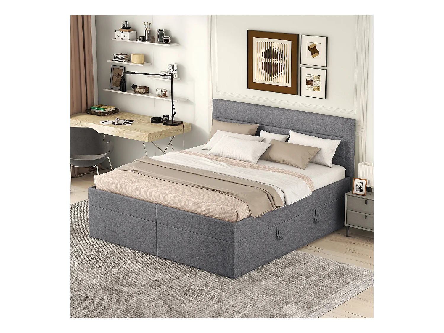 Lit coffre 140 x 200 cm avec tête de lit - Ouvrant des deux côtés - Tissu lin - Beige