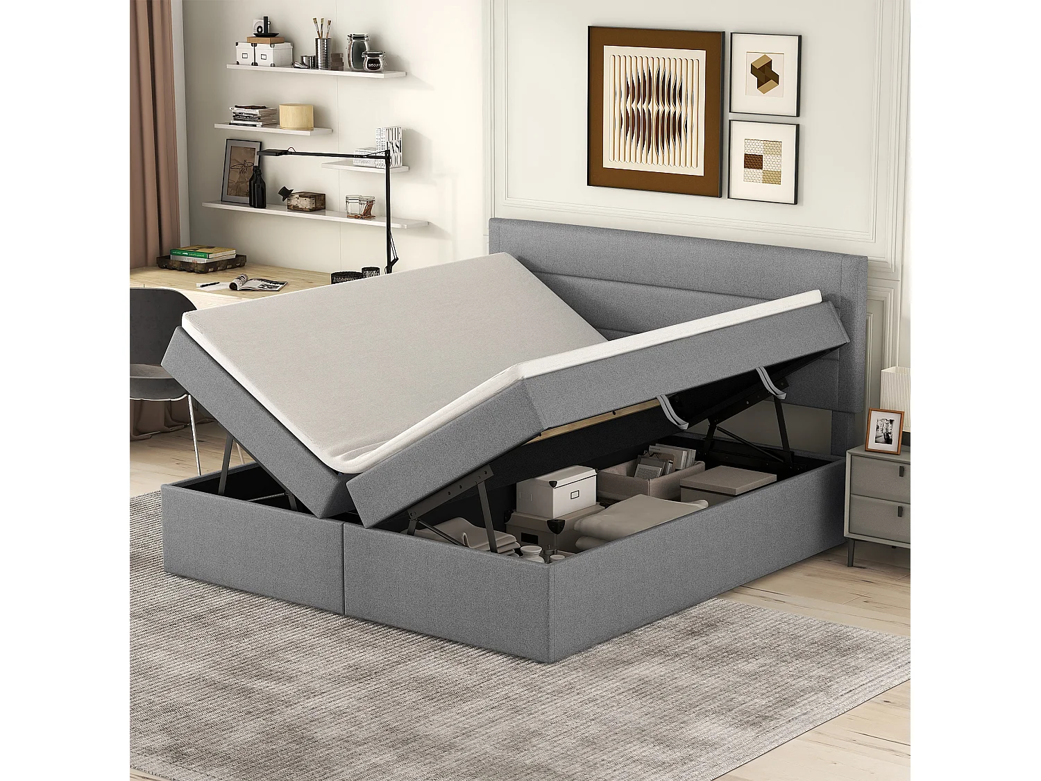 140 x 200 cm Stauraumbett mit Kopfteil - Beidseitige Öffnung - Leinenstoff - Beige