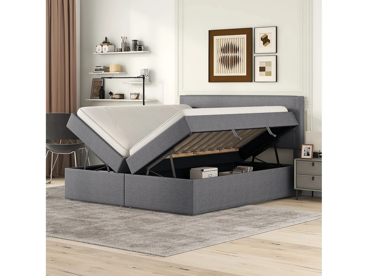 140 x 200 cm Stauraumbett mit Kopfteil - Beidseitige Öffnung - Leinenstoff - Beige