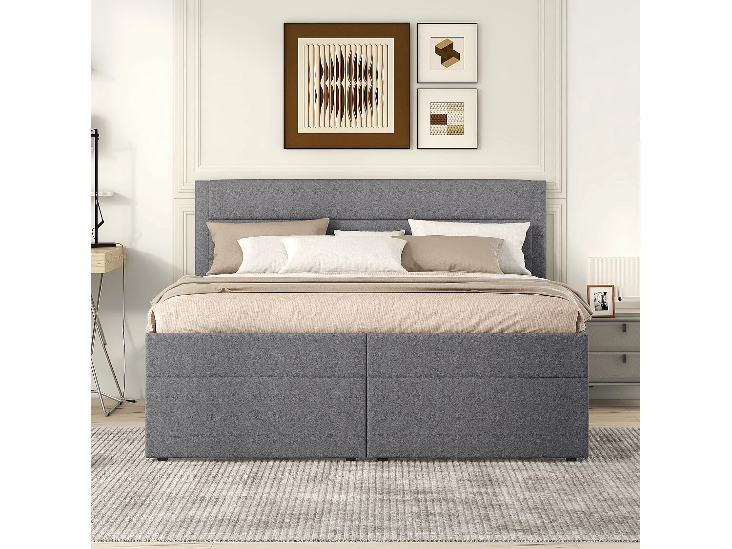 140 x 200 cm Stauraumbett mit Kopfteil - Beidseitige Öffnung - Leinenstoff - Beige